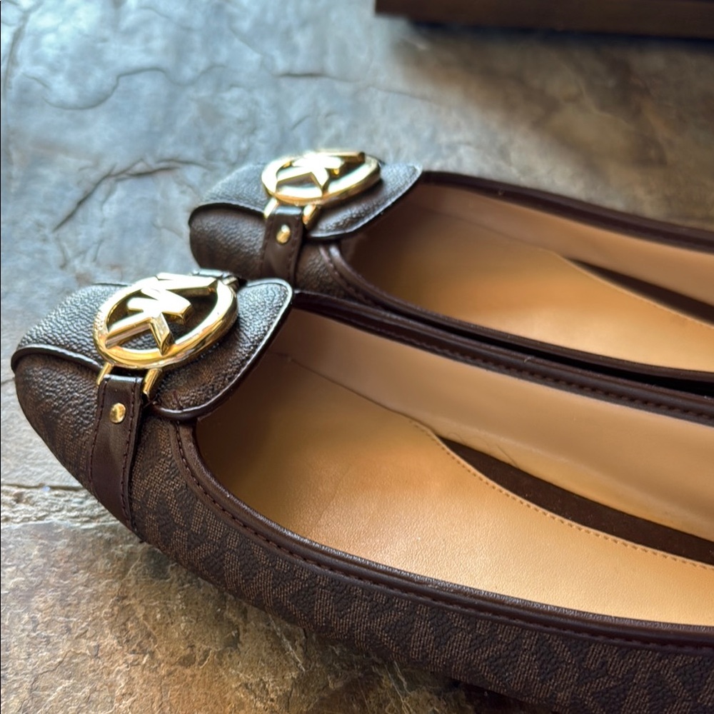 Michael Kors Brown Gold Loafers with Signature Detail